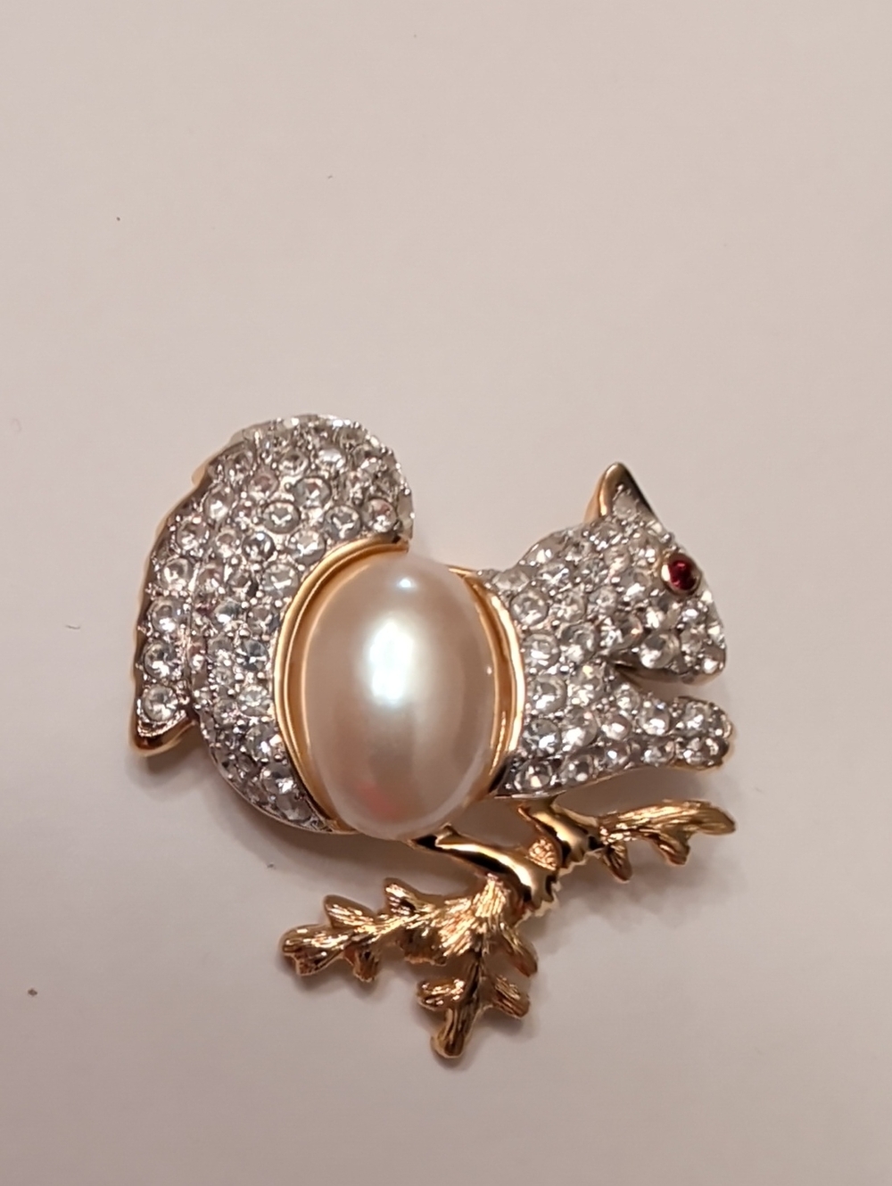 Gold Tone White Cabochon Rhinestone Squirrel Brooch